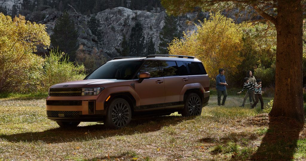 A Hyundai Santa Fe parked off-road in a park as a family passes by.