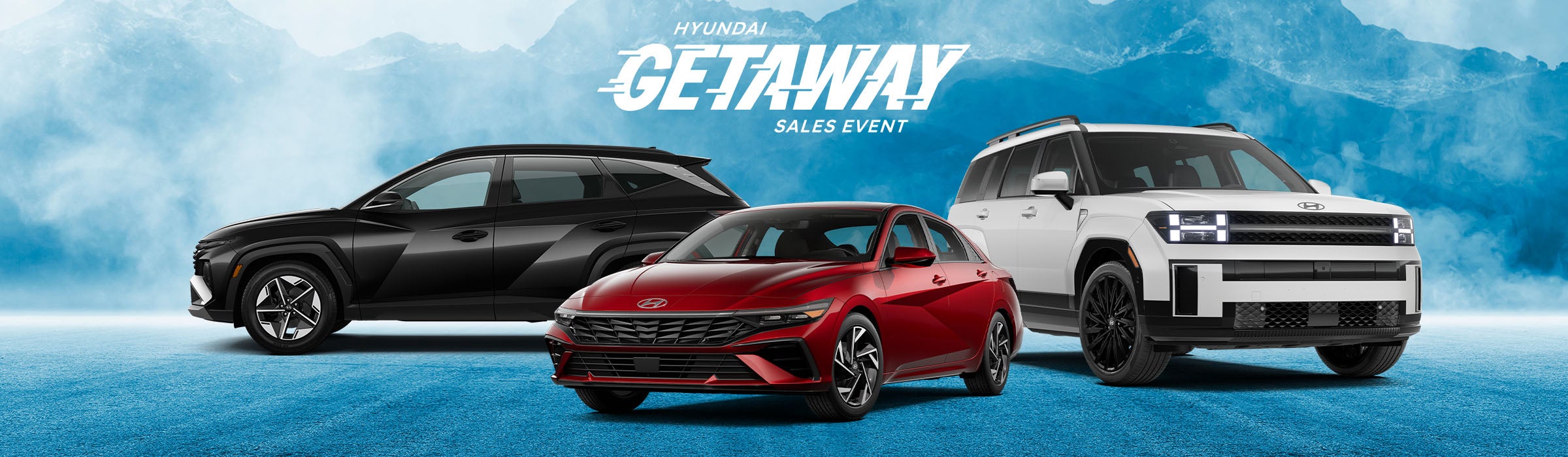 Hyundai Getaway Sales Event banner featuring Hyundai model lineup on display and winter holiday decorations